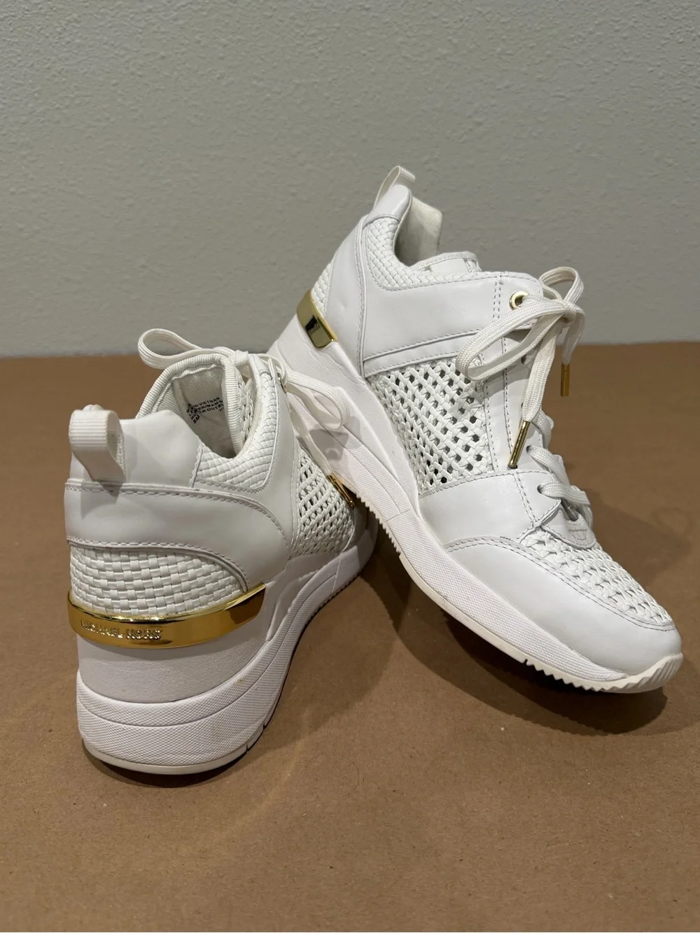 Michael Kors White Woven Leather Wedge Sneakers Gold Hardware Women’s Size- 8